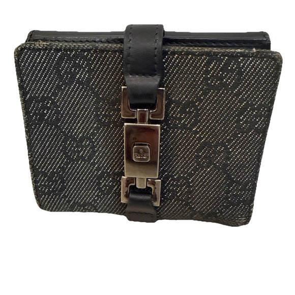Gucci‎ Monogram GG Piston Lock Black Canvas & Leather Compact Wallet - Picture 1 of 11